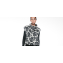 Model wearing grey and black rose print cowl neck top with black sleeves on white background