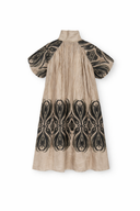 Psophia Taupe Dress With Black Tulip Embroidered Hem and Sleeve