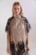 Psophia Taupe Dress With Black Tulip Embroidered Hem and Sleeve