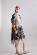 Psophia Taupe Dress With Black Tulip Embroidered Hem and Sleeve