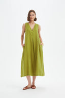 Tirelli Inverted Pleat Linen Dress In Chartreuse Green