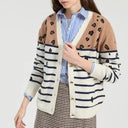 Vilagallo Wool Striped Cardigan In Ecru, Navy And Camel With Leopard Print