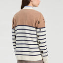 Vilagallo Wool Striped Cardigan In Ecru, Navy And Camel With Leopard Print