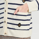 Vilagallo Wool Striped Cardigan In Ecru, Navy And Camel With Leopard Print