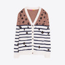 Vilagallo Wool Striped Cardigan In Ecru, Navy And Camel With Leopard Print