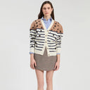 Vilagallo Wool Striped Cardigan In Ecru, Navy And Camel With Leopard Print