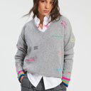 Vilagallo Palabras Wool V Neck Sweater In Light Grey With Embroidery