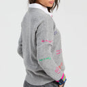 Vilagallo Palabras Wool V Neck Sweater In Light Grey With Embroidery