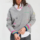 Vilagallo Palabras Wool V Neck Sweater In Light Grey With Embroidery