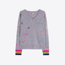 Vilagallo Palabras Wool V Neck Sweater In Light Grey With Embroidery