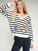 Vilagallo V Neck Sweater In Black And Ecru with Embroidery