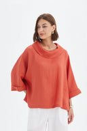 Tirelli Funnel Neck Boxy Linen Top In Rust