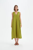 Tirelli Inverted Pleat Linen Dress In Chartreuse Green
