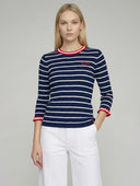 Vilagallo Navy And White Striped Crew Neck Sweater With Red Trim