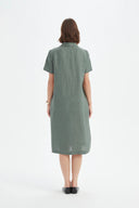 Tirelli Shawl Collar Pleat Linen Dress In Petrol
