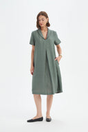 Tirelli Shawl Collar Pleat Linen Dress In Petrol