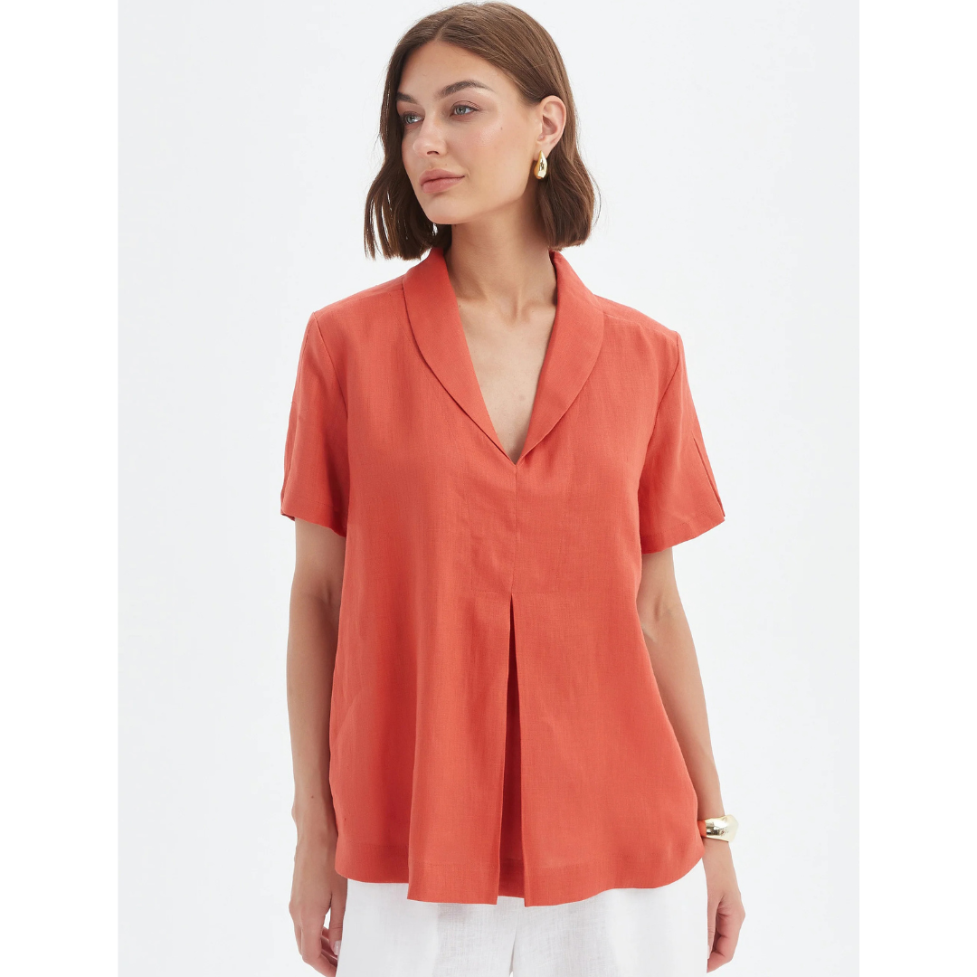 Bernda Rust Tirelli Shawl Collar Pleat Linen Top In Rust – Brenda Muir Ladieswear