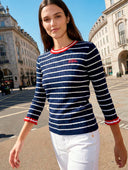Vilagallo Navy And White Striped Crew Neck Sweater With Red Trim