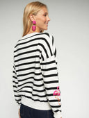 Vilagallo V Neck Sweater In Black And Ecru with Embroidery