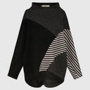 Alembika Funnel Neck Sweater In Black And Grey Mix With Striped Sleeve In Stone