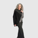 Alembika Funnel Neck Sweater In Black And Grey Mix With Striped Sleeve In Stone