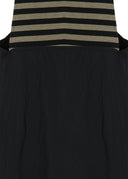 Kozan Avi Pinafore Dress With Black And Taupe Stripes, Cowl Neckline And Taffeta Skirt