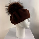 Rabionek Brown Wool Beret With Fur Pom Pom And Jewels In Chocolate Brown