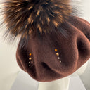 Rabionek Brown Wool Beret With Fur Pom Pom And Jewels In Chocolate Brown