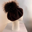 Rabionek Brown Wool Beret With Fur Pom Pom And Jewels In Chocolate Brown