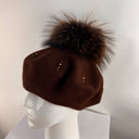 Rabionek Brown Wool Beret With Fur Pom Pom And Jewels In Chocolate Brown