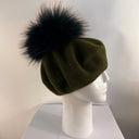 Rabionek Wool Beret With Fur Pom Pom And Jewels In Dark Green