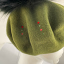Rabionek Wool Beret With Fur Pom Pom And Jewels In Dark Green