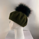 Rabionek Wool Beret With Fur Pom Pom And Jewels In Dark Green