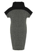 Kozan Judy Dress In Grey Herringbone With Cowl Neckline In Black Taffeta