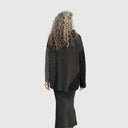 Alembika Funnel Neck Sweater In Black And Grey Mix With Striped Sleeve In Stone