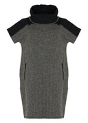 Kozan Judy Dress In Grey Herringbone With Cowl Neckline In Black Taffeta