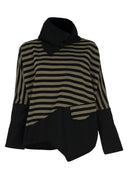 Kozan Fig Striped Knitted Top In Black And Taupe With Taffeta Feature Collar And Hemline