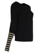 Kozan Nuit Knitted Top In Black And Taupe With Half Striped Sleeve