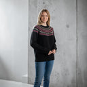 Harley Of Scotland Pure Wool Fair Isle Sweater In Black Mix