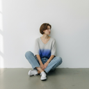 Estheme Raccoon V Neck Short Sleeve Sweater In Blue Ombre
