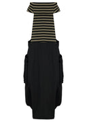 Kozan Avi Pinafore Dress With Black And Taupe Stripes, Cowl Neckline And Taffeta Skirt