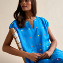 Sahara Summer Embroidered Squares Bubble Dress in Blue Multi