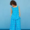 Summer Embroidered Squares Linen Vest in Blue Multi