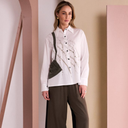 Naya Specked Placement Print Shirt With Gathered Colour Trim In White/Army