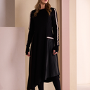 Naya Round Neck Dress With Print Pocket And Metallic Trim In Black And Choko