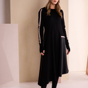 Naya Round Neck Dress With Print Pocket And Metallic Trim In Black And Choko