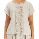 Grizas Linen Ruffle Front Top In Stone