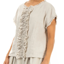 Grizas Linen Ruffle Front Top In Stone