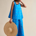 Summer Embroidered Squares Linen Vest in Blue Multi