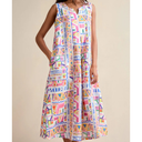Sahara Painted Geometric Linen Notch Neck Dress In Multi